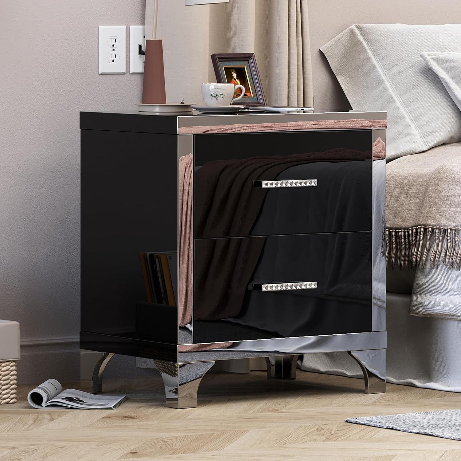 Henf Modern Black Nightstand Set of 2 for Bedroom, Elegant High Gloss 2 Drawer Night Stand with Silver Mirrored Legs, Small Wood End Table Sofa Side Table for Living Room Bedroom Apartment (Black)