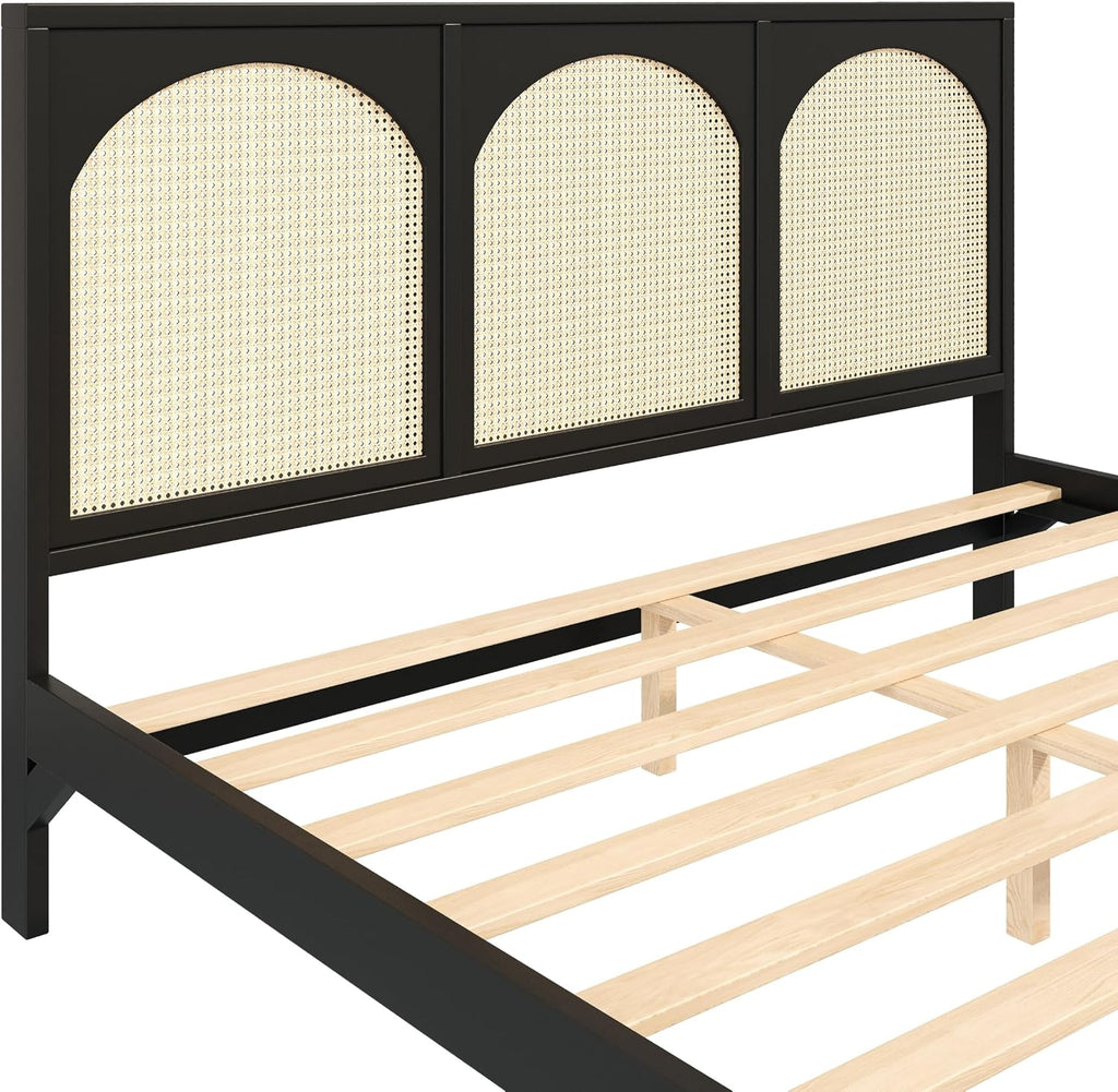 JIVOIT King Size Platform Bed with Rattan Headboard and Footboard, Wood Platform Bed Frame with Wood Slats Support, No Box Spring Needed, Easy Assembly (Black+Beige,King)