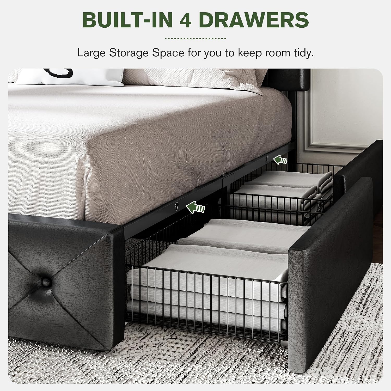 MUTICOR King Size Bed Frame with 4 Storage Drawers, Upholstered Platform Bed with Button Tufted Adjustable Headboard, No Box Spring Needed, Easy Assembly, Diamond Tufted, Black Leather