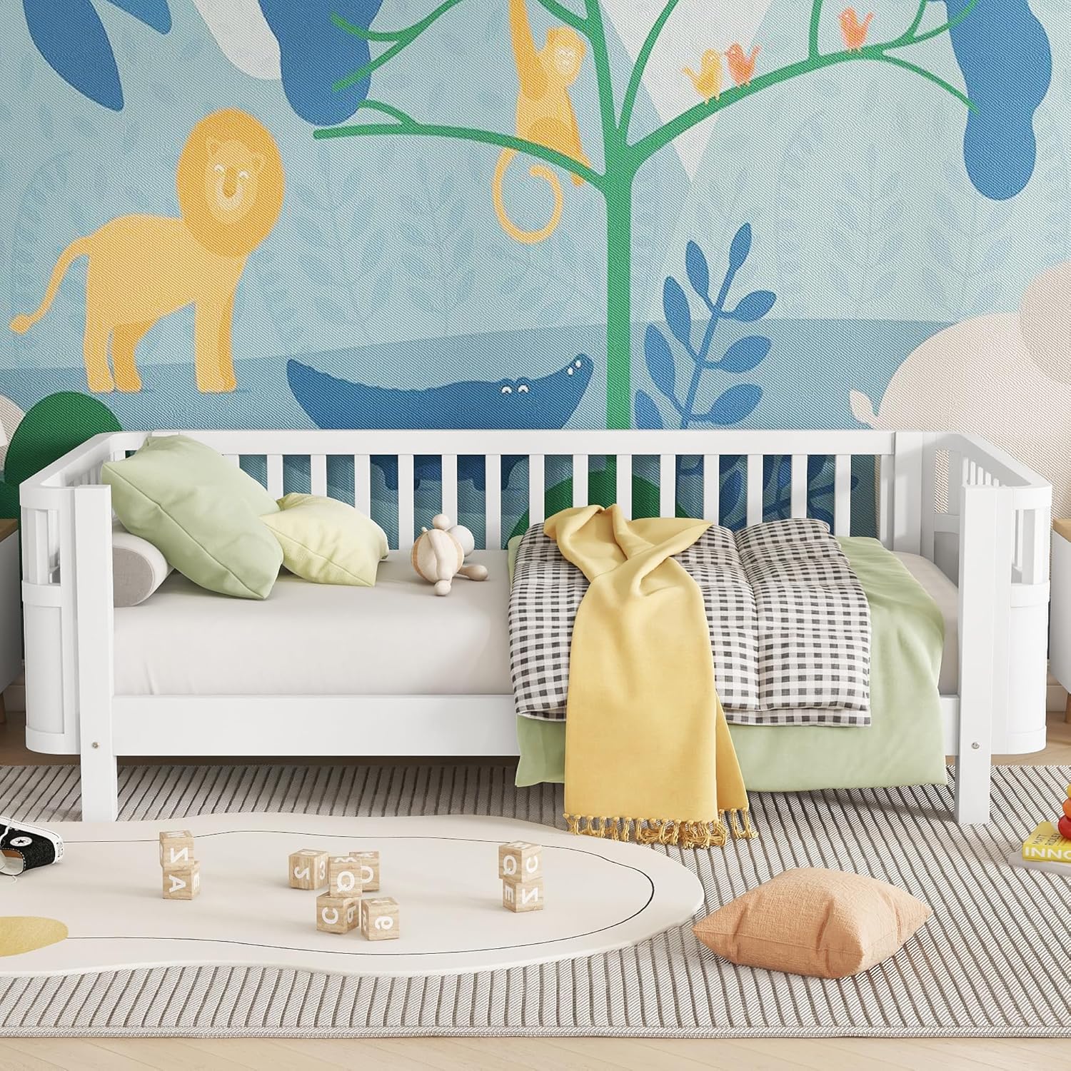 Twin Size Kids Bed with Rails, Wood Twin Montessori Bed Frame with Slats Support, Low to Ground Modern Baby Daybed with Detachable Side Bed Rails for Boys Girls Bedroom, White