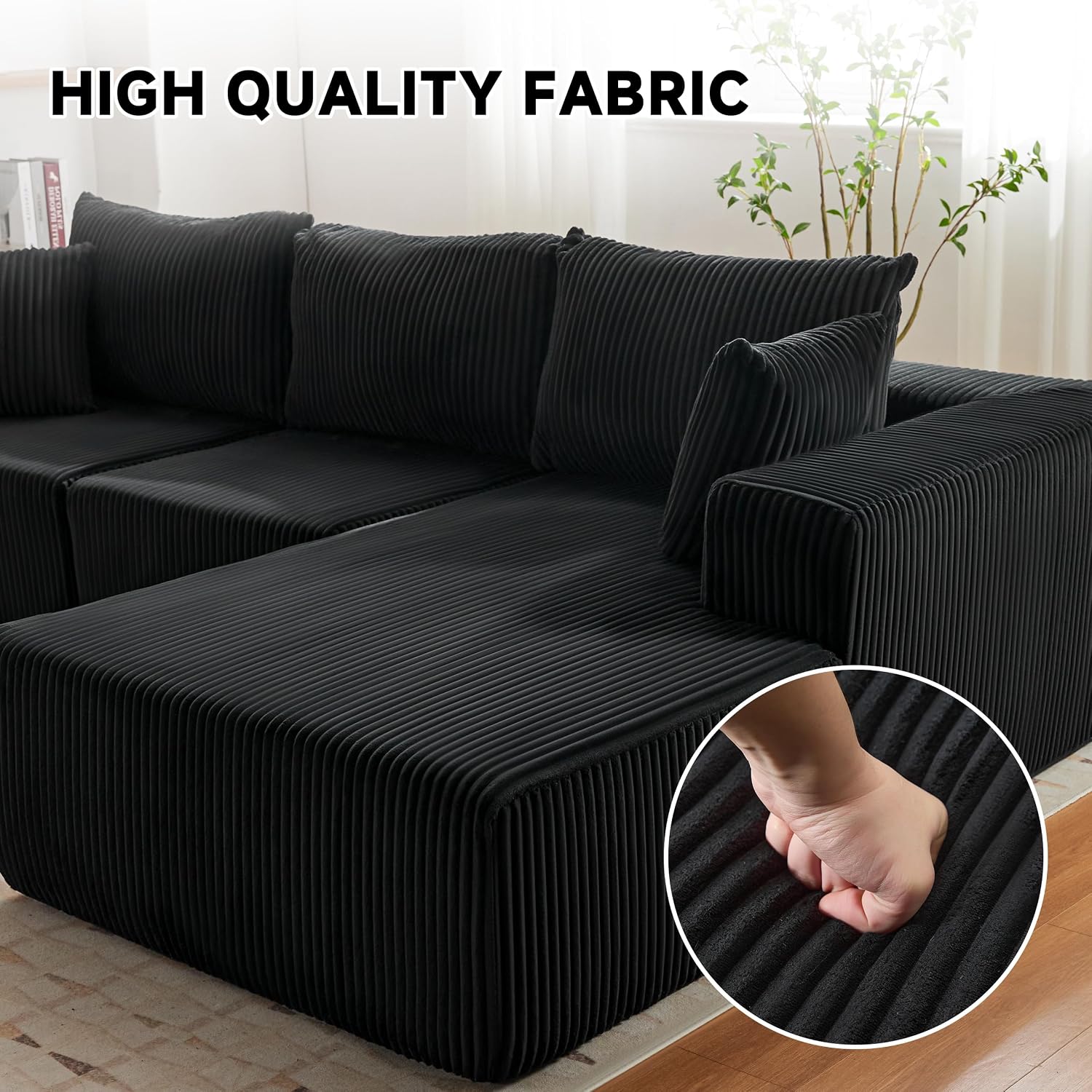 HUATEAN 108' Modular Sectional Sofa, Cloud Sectional Couch with Deep Seat, Modern Modular L-Shape Sofa Couch with Chaise,Upholstered Couches for Living Room Bedroom (Corduroy,Black)