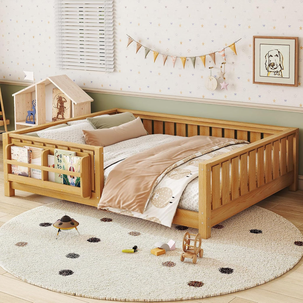 Bellemave Full Size Montessori Floor Bed with Slats and Fence, Full Size Montessori Bed with Rails and Bookcase, Easy Assemble Floor Beds Frame,Deep Natural