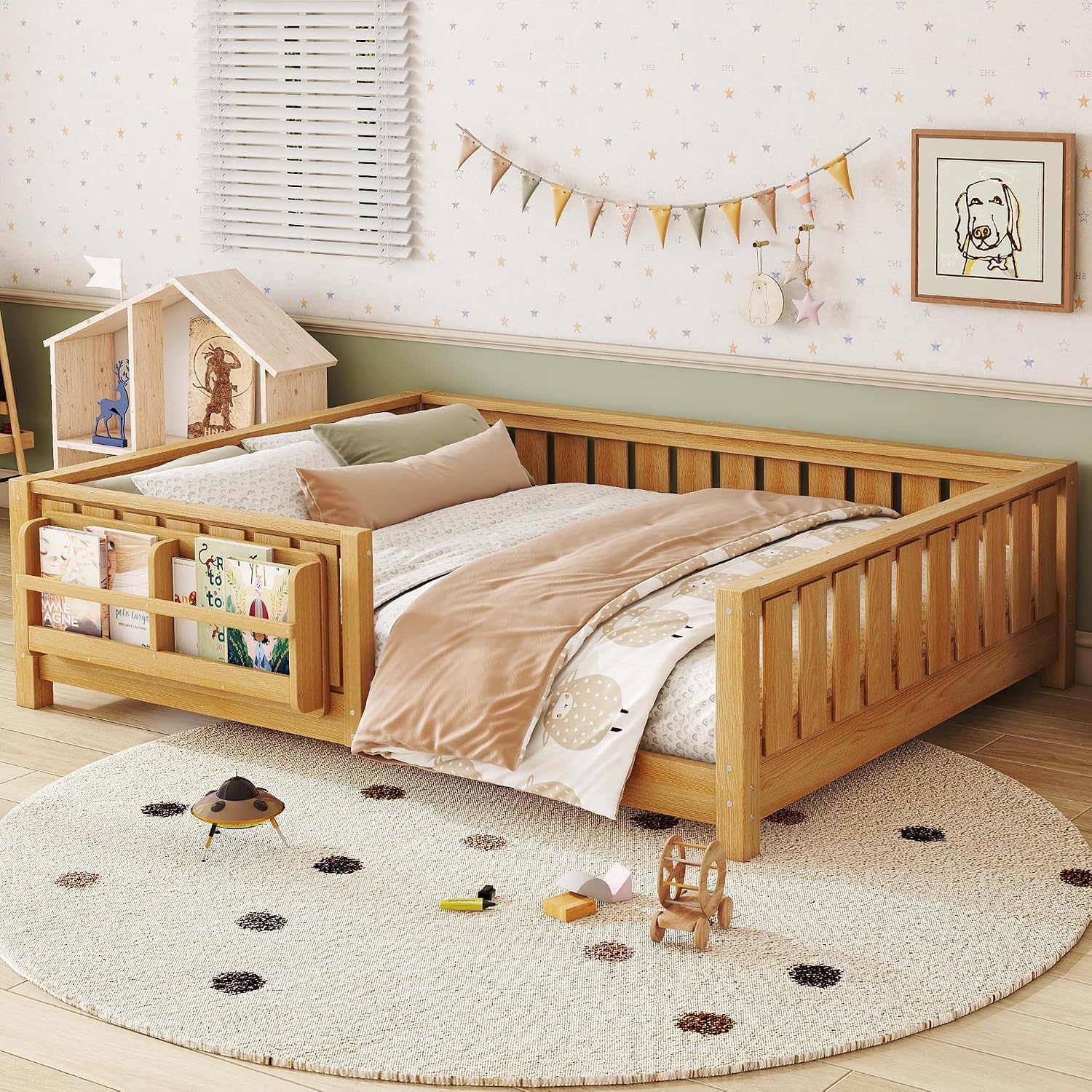 Bellemave Full Size Montessori Floor Bed with Slats and Fence, Full Size Montessori Bed with Rails and Bookcase, Easy Assemble Floor Beds Frame,Deep Natural