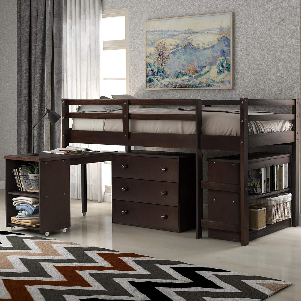 Twin Size Low Loft Bed with Rolling Portable Desk, Wooden Loft Bed with Cabinet/Bookshelf/Drawers/Open Shelves for Kids Teens Adults, No Box Spring Required (Espresso-Twin-Rolling Portable Desk)