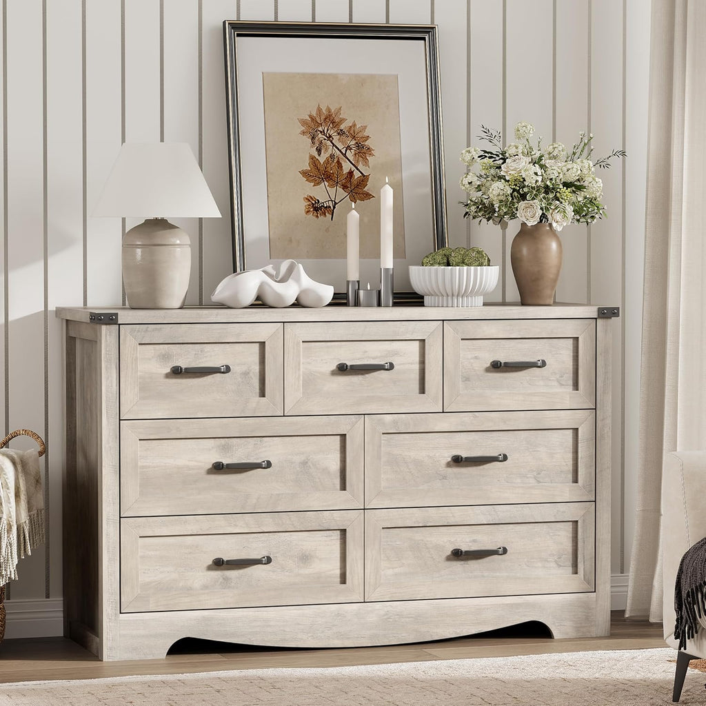 Dresser for Bedroom with 7 Drawers, 48' Wide Modern Chest of Drawers with Deep Drawers & Mental Handle, Wood Dresser TV Stand, Wooden Closet Storage Organizer for Living Room, Hallway, Entryway, Grey