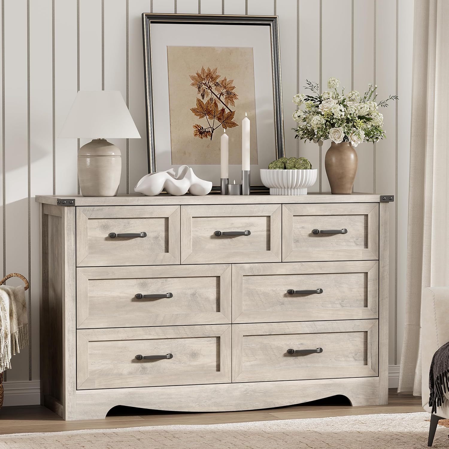 Dresser for Bedroom with 7 Drawers, 48' Wide Modern Chest of Drawers with Deep Drawers & Mental Handle, Wood Dresser TV Stand, Wooden Closet Storage Organizer for Living Room, Hallway, Entryway, Grey