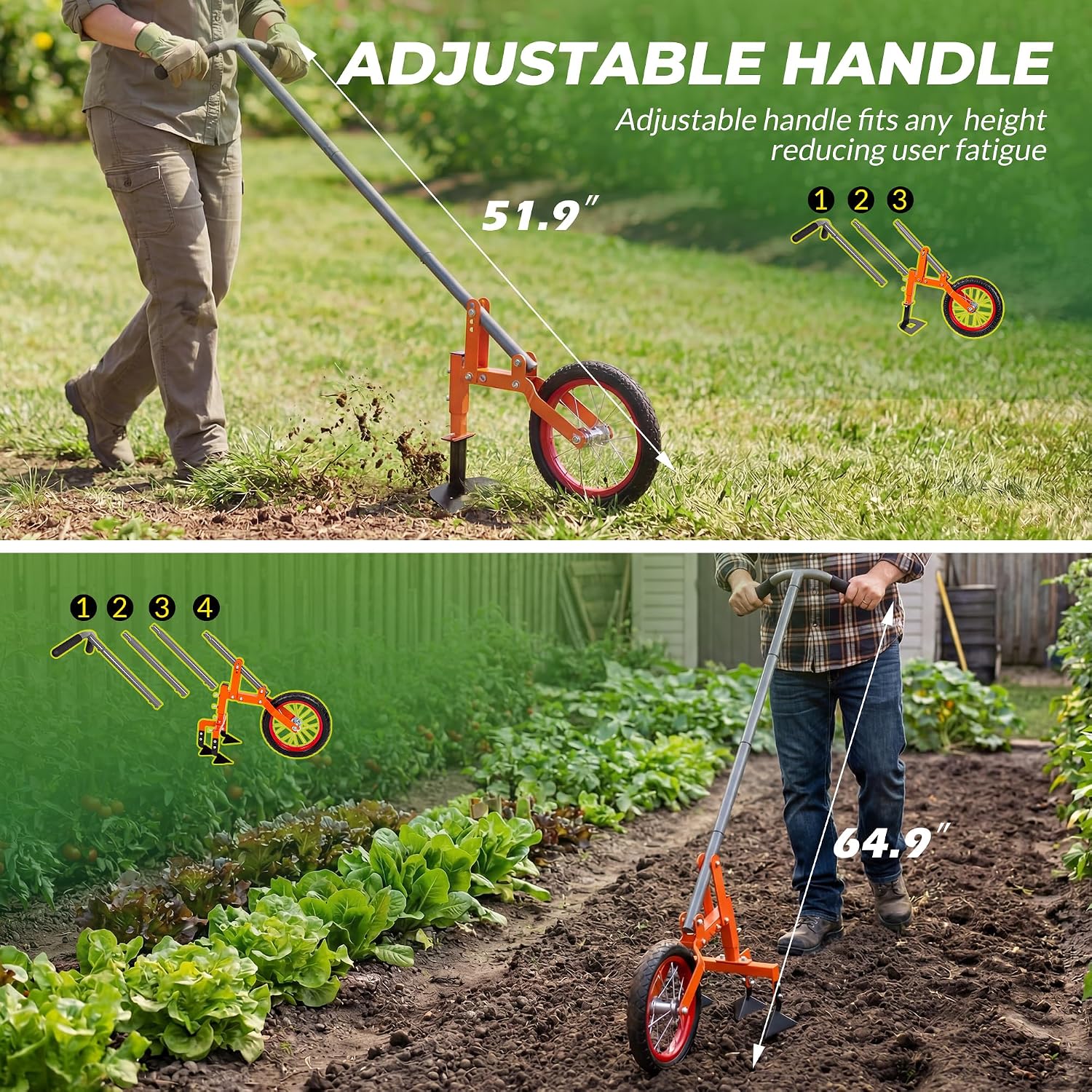 Walensee 2-in-1 Manual Wheel Hoe Garden Cultivator, Push Plow with Adjustable Long Handle 51.9–64.9 in, Dual Tools for Soil Loosening & Weeding, Heavy Duty Steel Frame, Lawn & Garden Tiller
