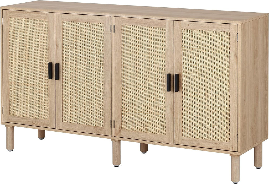 Finnhomy 4 Door Sideboard Buffet Cabinet, Kitchen Storage Cabinet with Rattan Decorated Doors, Cupboard Console Table, Boho Accent Liquor Cabinet for Home Bar, 62.3X 15.7X 34.6 Inches, Natural