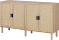 Finnhomy 4 Door Sideboard Buffet Cabinet, Kitchen Storage Cabinet with Rattan Decorated Doors, Cupboard Console Table, Boho Accent Liquor Cabinet for Home Bar, 62.3X 15.7X 34.6 Inches, Natural