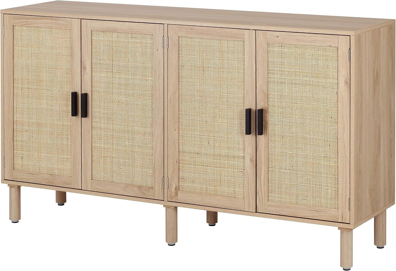 Finnhomy 4 Door Sideboard Buffet Cabinet, Kitchen Storage Cabinet with Rattan Decorated Doors, Cupboard Console Table, Boho Accent Liquor Cabinet for Home Bar, 62.3X 15.7X 34.6 Inches, Natural