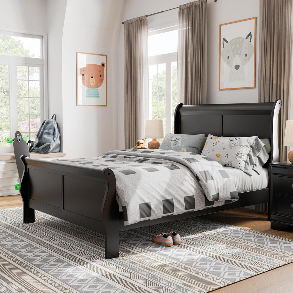 Furniture of America Arabella Traditional Wood Full Bed Frame with Headboard and Footboard, Elegant Sleigh Design Bedframe for Bedroom, Guest Room, Easy Assembly, Box Spring Required, Black