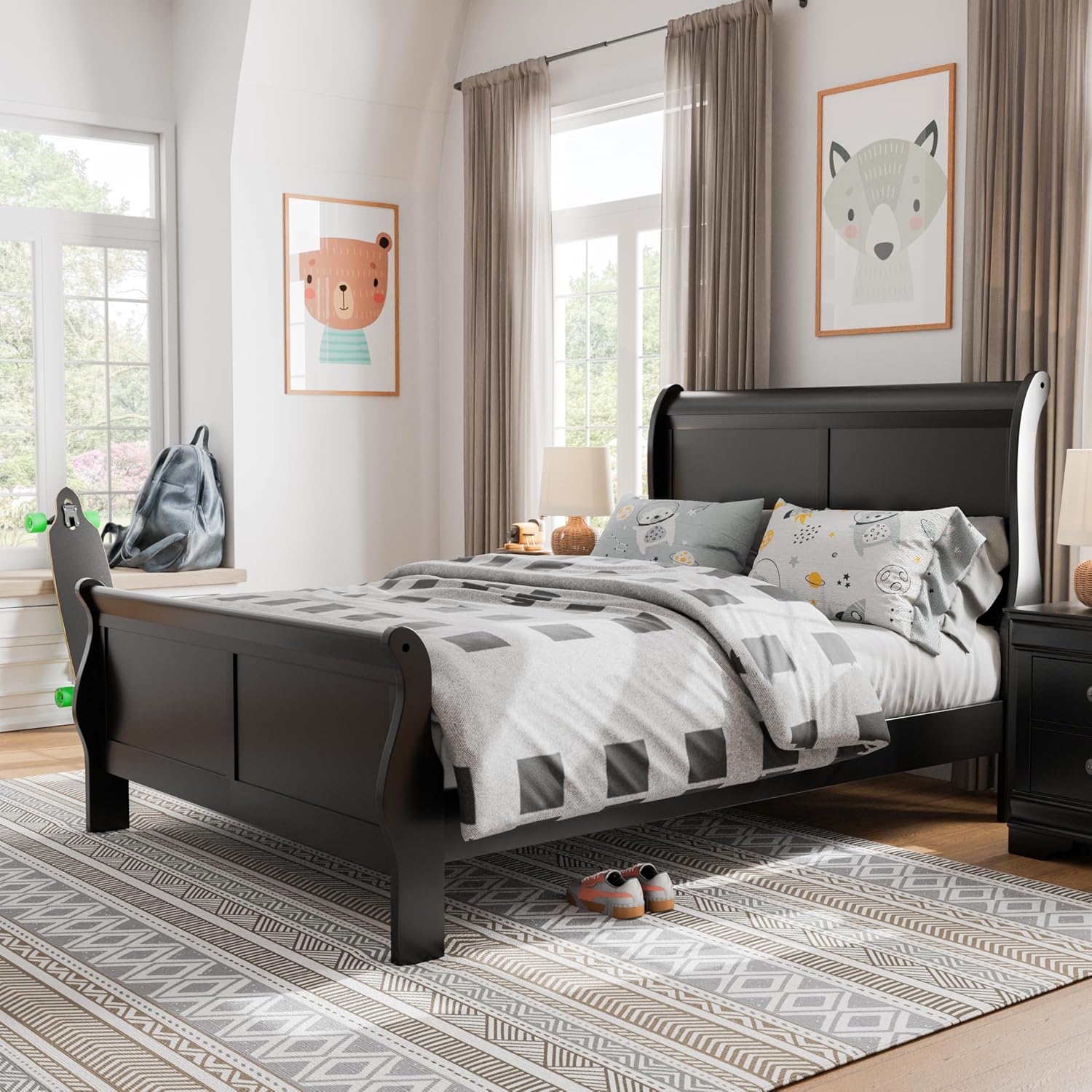 Furniture of America Arabella Traditional Wood Full Bed Frame with Headboard and Footboard, Elegant Sleigh Design Bedframe for Bedroom, Guest Room, Easy Assembly, Box Spring Required, Black