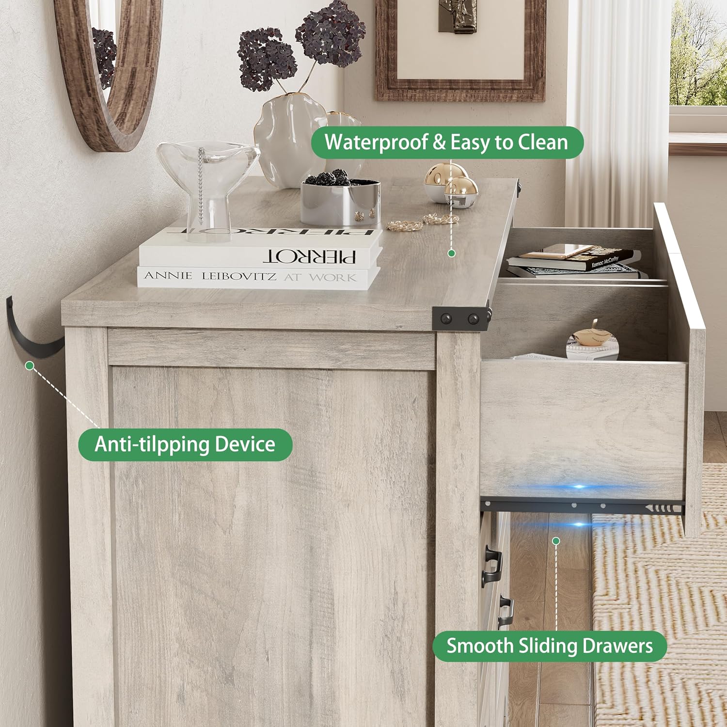 Dresser for Bedroom with 6 Drawers, 48' Wide Wood Chest of Drawers with Deep Drawers & Mental Handle, Modern Dresser TV Stand, Wooden Closet Storage Organizer for Living Room, Hallway, Entryway, Grey