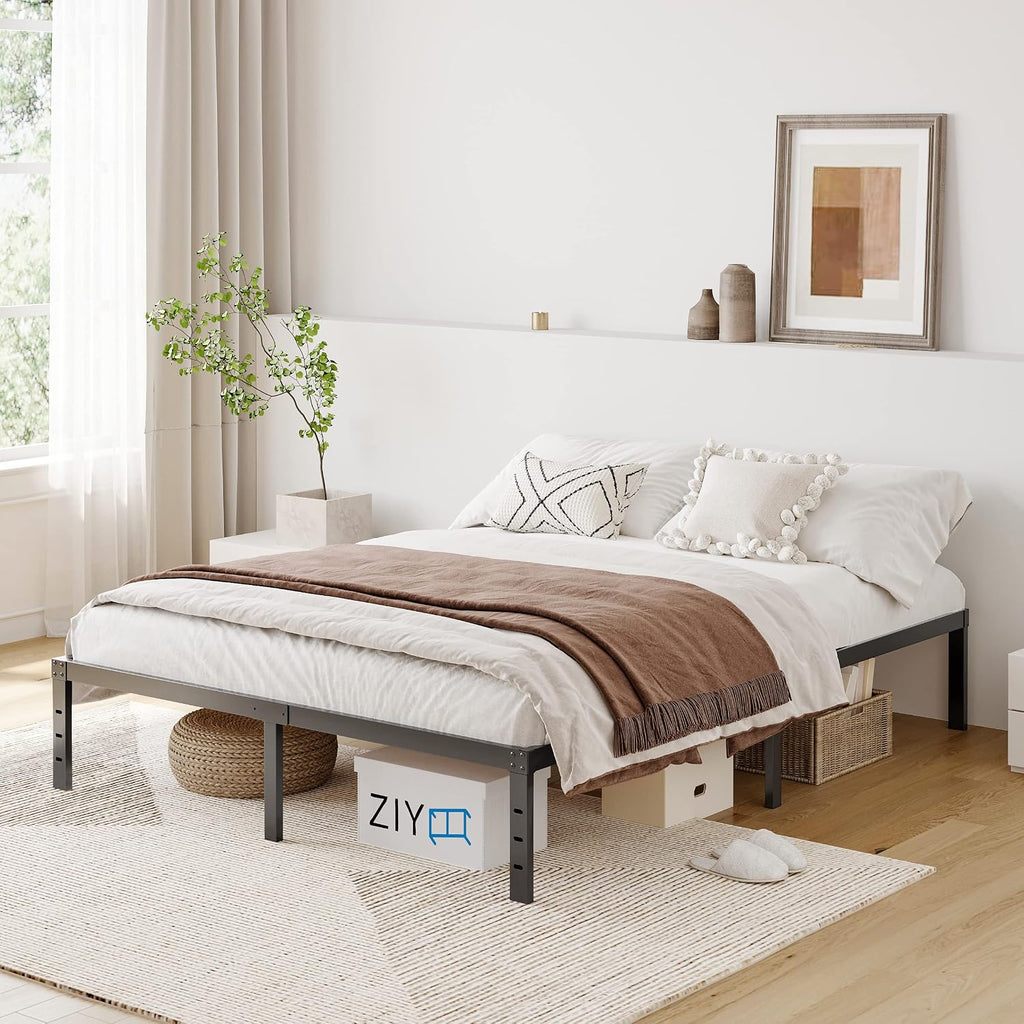 ZIYOO King Size Bed Frame, 16 Inch High 3' Wide Wood Slats Metal Platform, Heavy Duty 3500 lbs Support, No Box Spring Needed Mattress Foundation, Noise Free, Non-Slip, Simple Assembly
