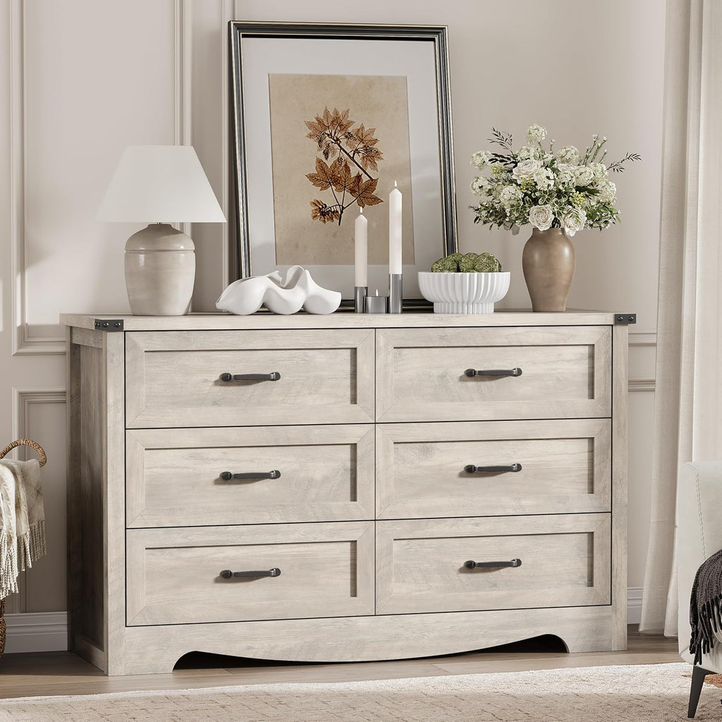Dresser for Bedroom with 6 Drawers, 48' Wide Wood Chest of Drawers with Deep Drawers & Mental Handle, Modern Dresser TV Stand, Wooden Closet Storage Organizer for Living Room, Hallway, Entryway, Grey