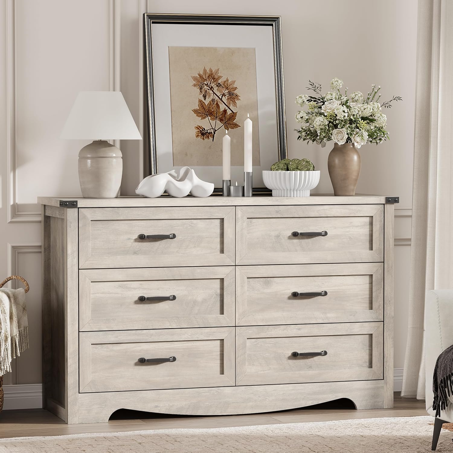 Dresser for Bedroom with 6 Drawers, 48' Wide Wood Chest of Drawers with Deep Drawers & Mental Handle, Modern Dresser TV Stand, Wooden Closet Storage Organizer for Living Room, Hallway, Entryway, Grey
