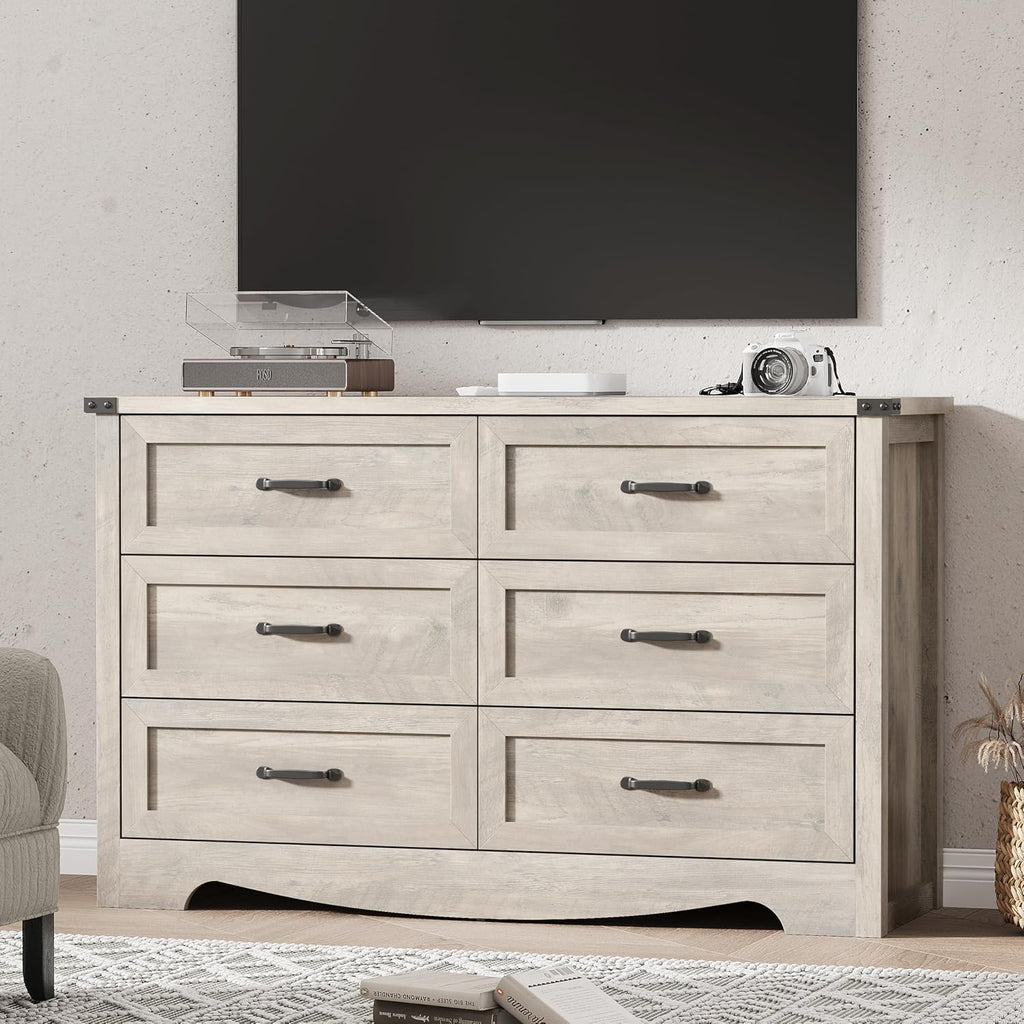 Dresser for Bedroom with 6 Drawers, 48' Wide Wood Chest of Drawers with Deep Drawers & Mental Handle, Modern Dresser TV Stand, Wooden Closet Storage Organizer for Living Room, Hallway, Entryway, Grey