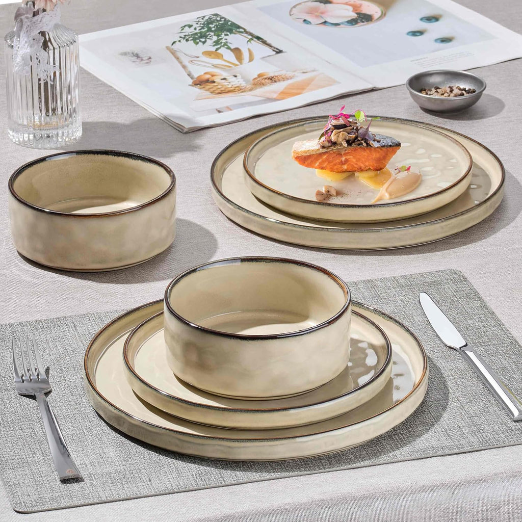 Herogo Plates and Bowls Dinnerware Sets for 8, 24 Pieces Stoneware Dishes Sets, Dishware for Dinner, Salad, Dessert, Dishwasher & Microwave Safe, Cream Khaki
