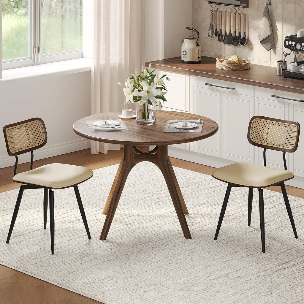 Dining Chairs, Swivel Dining Chairs Set of 2, Faux Leather & Rattan Walnut Dining Room Chairs, Bentwood & Metal Frame Upholstered Chairs with 360°Rotation, Modern Kitchen/Living Room Chairs (Beige)