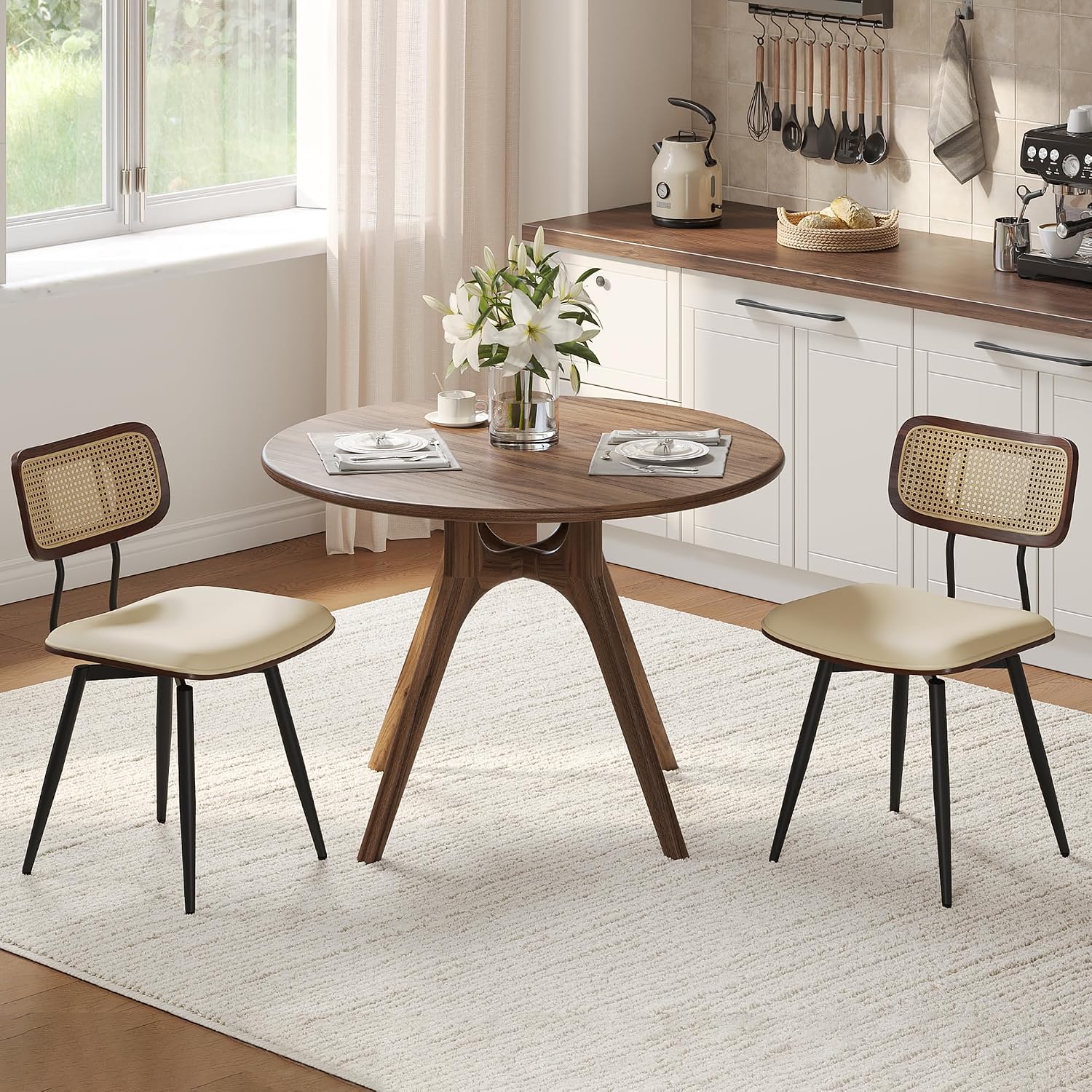 Dining Chairs, Swivel Dining Chairs Set of 2, Faux Leather & Rattan Walnut Dining Room Chairs, Bentwood & Metal Frame Upholstered Chairs with 360°Rotation, Modern Kitchen/Living Room Chairs (Beige)