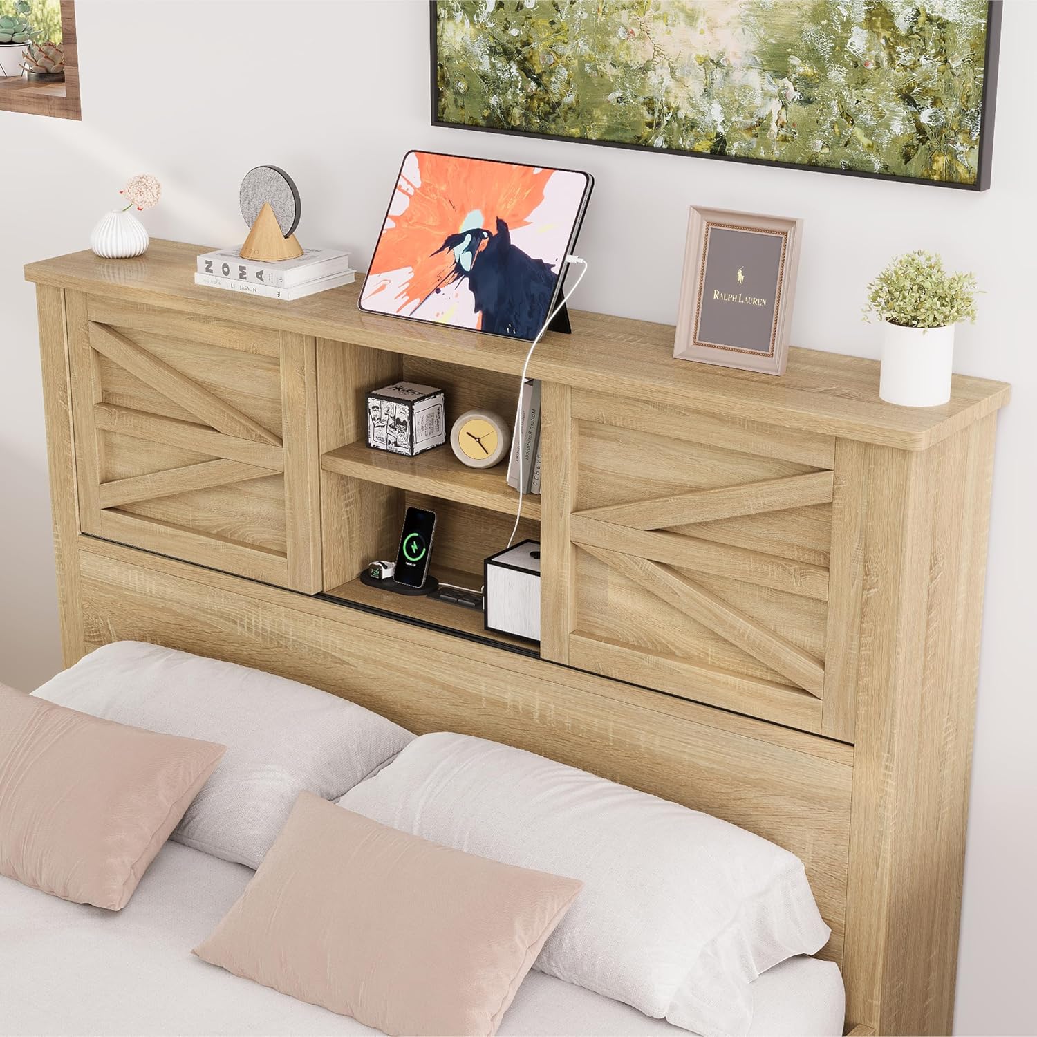 3-Pieces Bedroom Sets with Full Size Farmhouse Platform Bed, Double Sliding Door Storage Headboard, USB, 3PCS Bedroom Sets with Cabinet, Nightstands for Kids Adults, Natural