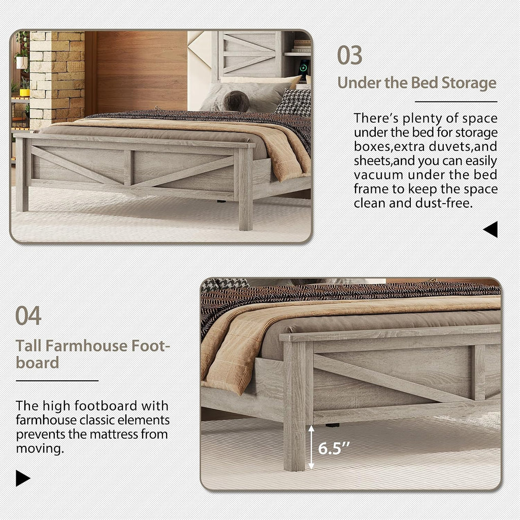 3-Pieces Bedroom Sets with Queen Size Farmhouse Platform Bed, Double Sliding Door Storage Headboard, USB, 3PCS Bedroom Sets with Cabinet, Nightstands for Kids Adults, Gray