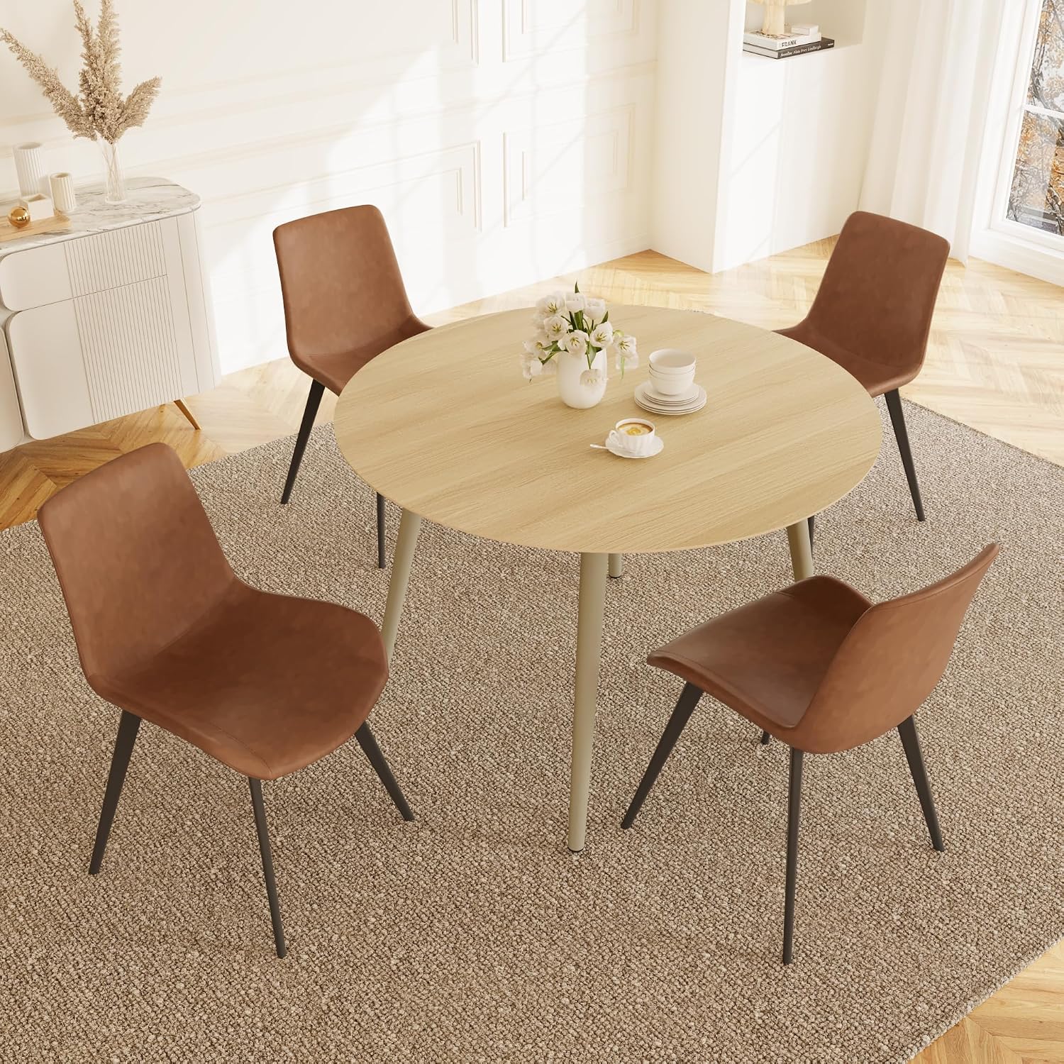 HIPIHOM 43.3 Inch Round Dining Table Set for 4, Modern Small Kitchen Coffee Set for Dining Room Kitchen Apartment (Cream Table + 4 Brown Chairs)