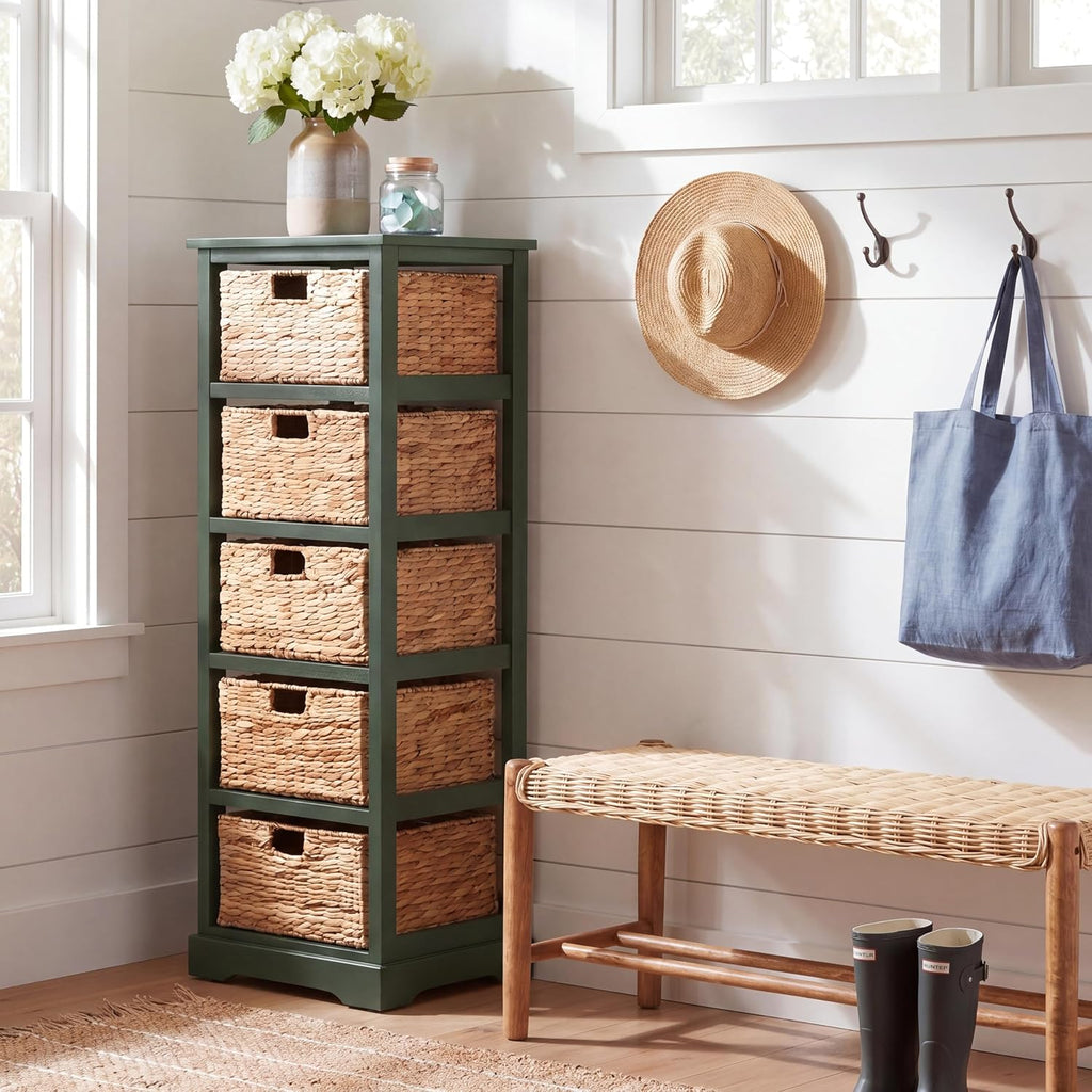 SAFAVIEH Furniture - Vedette 5-Basket Storage Tower - Dusty Green - Solid Wood - Coastal Basket Tower Design - Ideal for Entryway, Living Room, 17.5' W x 13.5' D x 46' H - Fully Assembled (AMH5739J)
