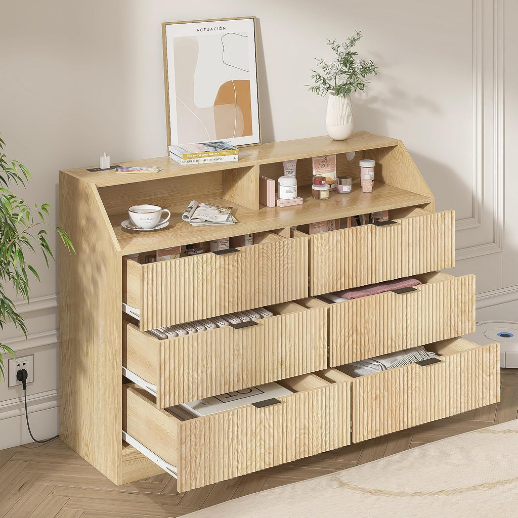Fluted Dresser for Closet, Boho Bedroom 6 Drawer Dresser TV Stand with Charging Station, Oak Wide Chest of Drawers, Farmhouse Wood Closet Clothes Storage for Living Room, Metal Handle, 47'