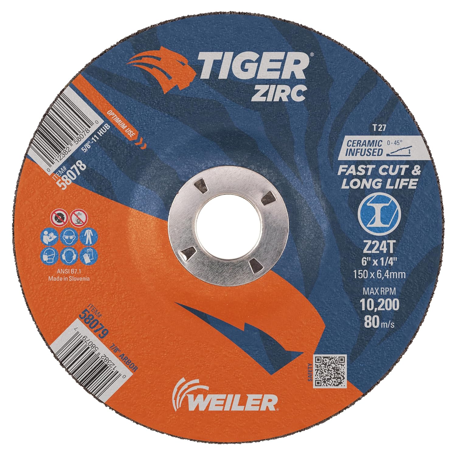 Weiler 58079 6' x 1/4' Tiger Zirc Type 27 Grinding Wheel, Z24T, 7/8' A.H (Pack of 10)