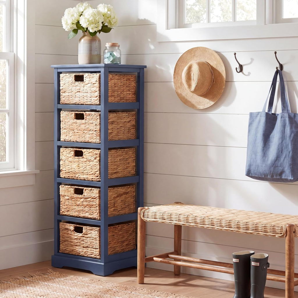 SAFAVIEH Furniture - Vedette 5-Basket Storage Tower - Blue - Solid Wood - Coastal Basket Tower Design - Ideal for Entryway, Living Room, 17.5' W x 13.5' D x 46' H - Fully Assembled (AMH5739H)