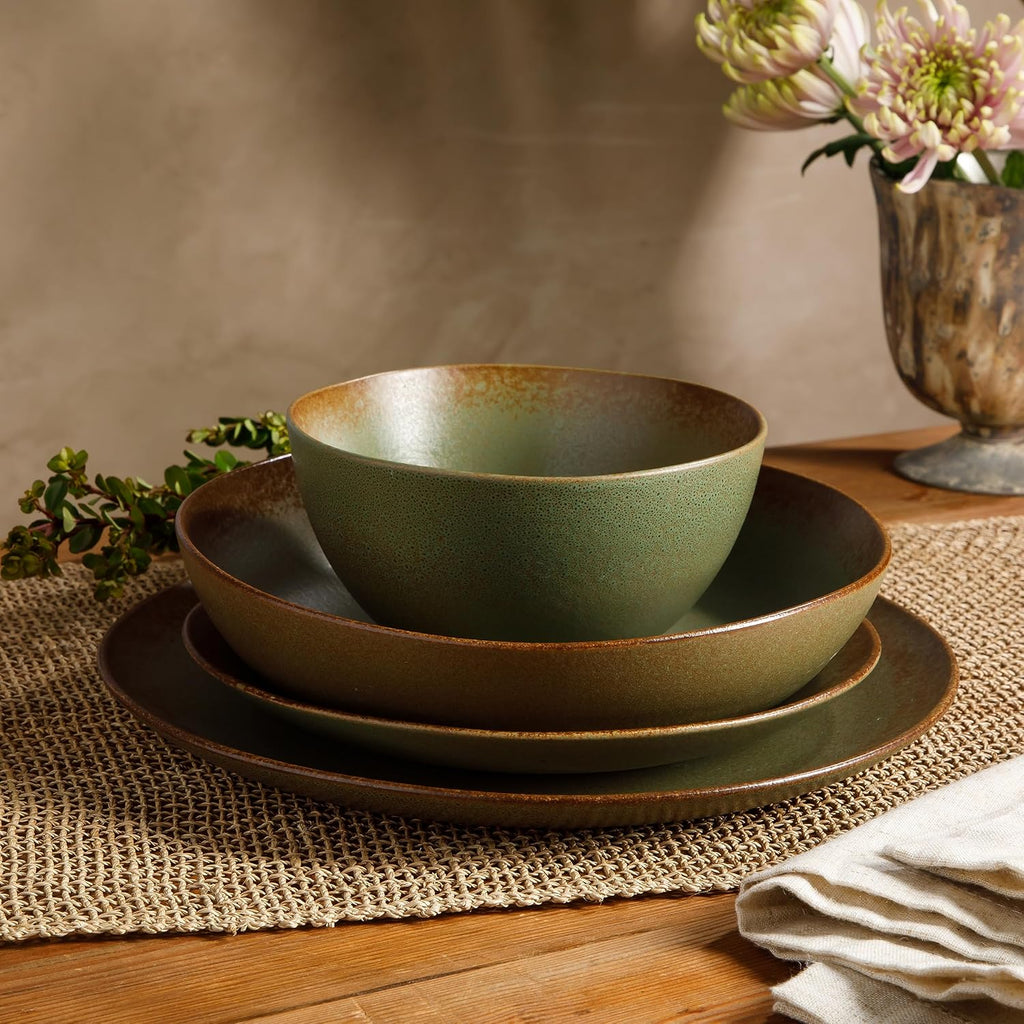 Bloomhouse - Two Time Oprah's Favorite Things Winner - Palermo Sun Double Bowl Stoneware Reactive Glaze Plates and Bowls Dinnerware Set - Cardamom Green, Service for Four (16pcs)