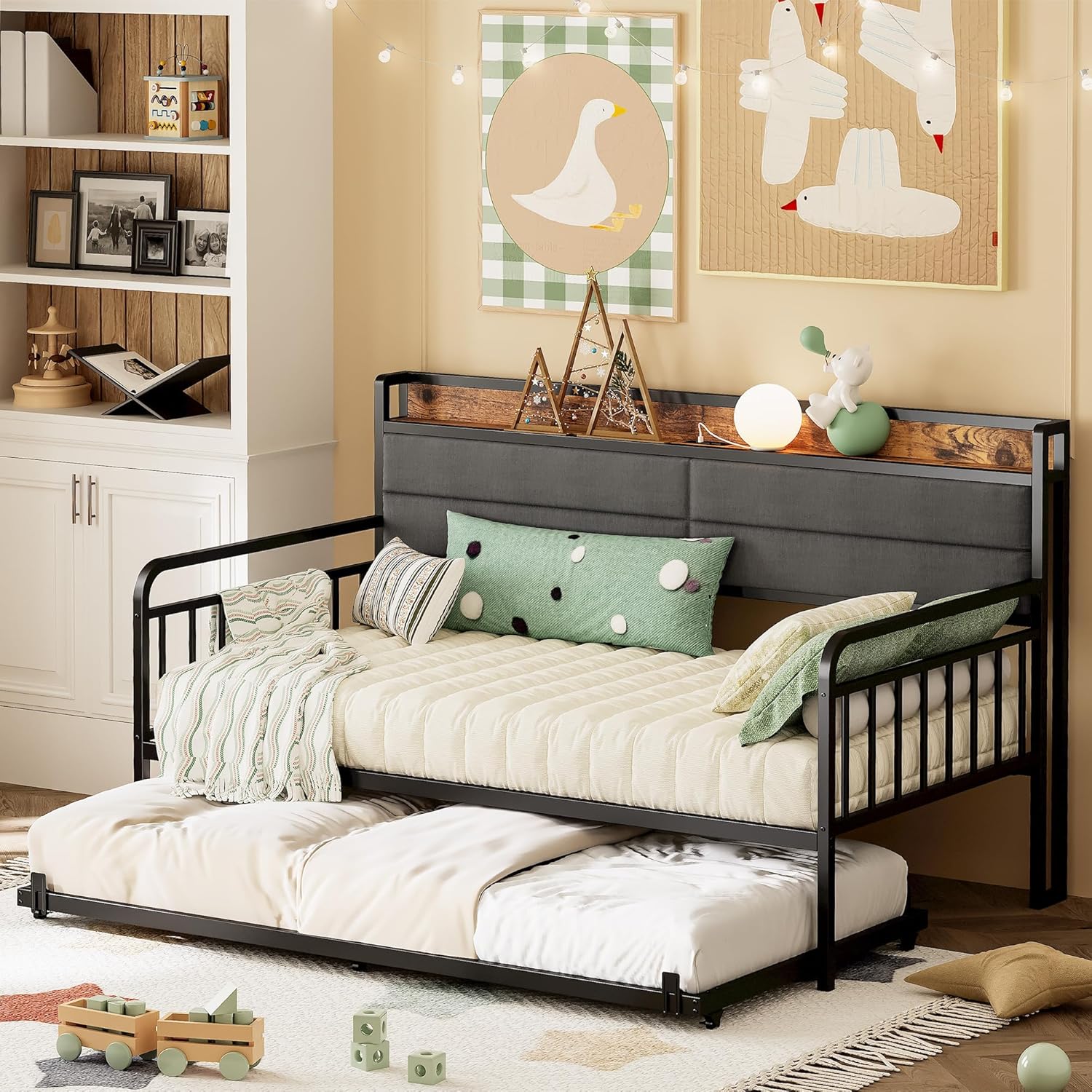 LIKIMIO Daybed with Trundle, Sturdy Metal Twin XL Size Bed Frame with Upholstered Headboard and Charging Station for Living Room, Bedroom and Guest Room, Black