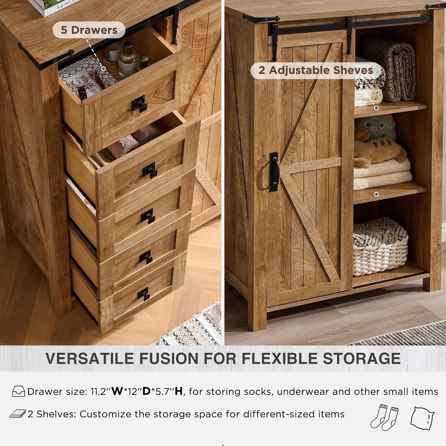 T4TREAM 5 Drawers Dresser for Bedroom w/Sliding Barn Door, Farmhouse Modern Tall Dresser 5 Chest of Drawers, Storage Organizer for Bedroom, Hallway, Living Room, Kids Room, Light Tree Knot