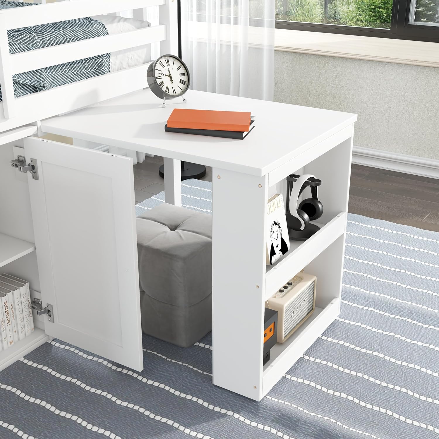 JIVOIT Twin Size Low Loft Bed, Multifunctional Loft Bed with Pulling-Out Desk, Storage Cabinet, Drawer and Shelf Cabinet, Rubber Wood Loft Bed with Safety Guardrail, Ladder, Easy Assembly (White/262)