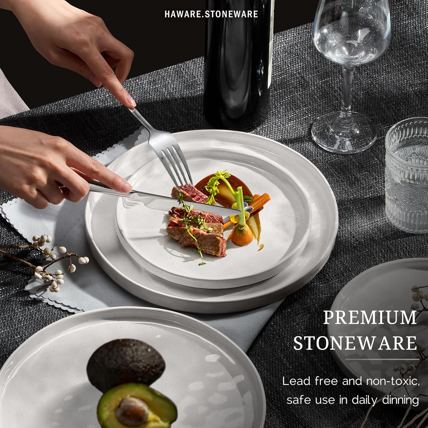 HaWare Dinnerware Sets, 24-Piece Plates and Bowls Set, Stoneware Dish Set for 8, Ceramic Dinnerware for Home Restaurant, Chip and Scratch Resistant, Microwave and Dishwasher Safe, Speckled White