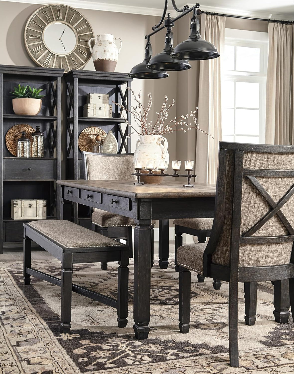 Signature Design by Ashley Tyler Creek Farmhouse Upholstered Dining Room Bench with Tapered Legs, Heavy Woven Fabric, Wood, 19.5' High Seat, Black & Gray
