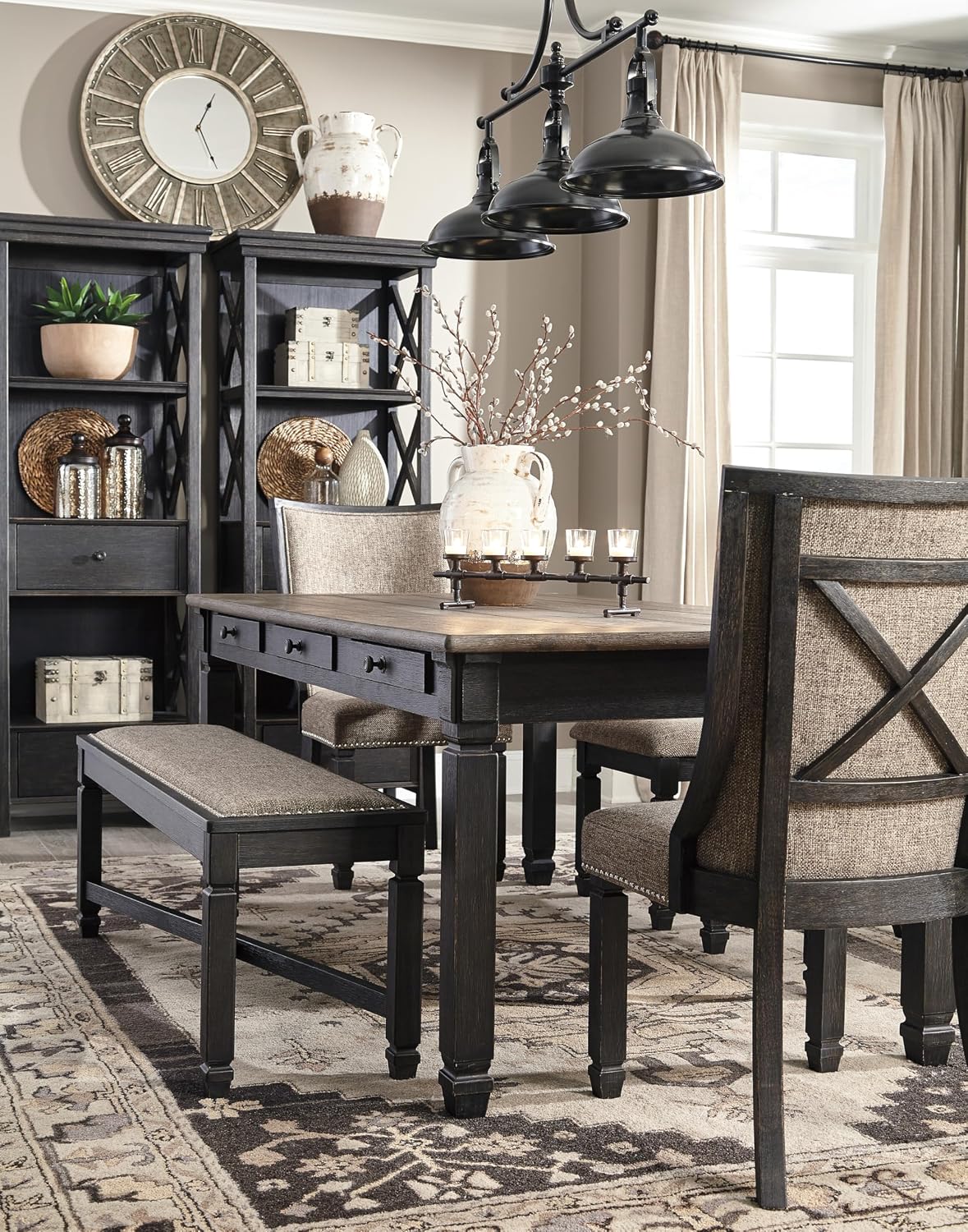 Signature Design by Ashley Tyler Creek Farmhouse Upholstered Dining Room Bench with Tapered Legs, Heavy Woven Fabric, Wood, 19.5' High Seat, Black & Gray