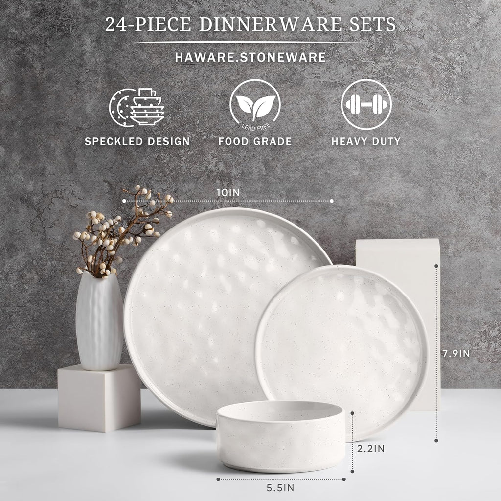 HaWare Dinnerware Sets, 24-Piece Plates and Bowls Set, Stoneware Dish Set for 8, Ceramic Dinnerware for Home Restaurant, Chip and Scratch Resistant, Microwave and Dishwasher Safe, Speckled White