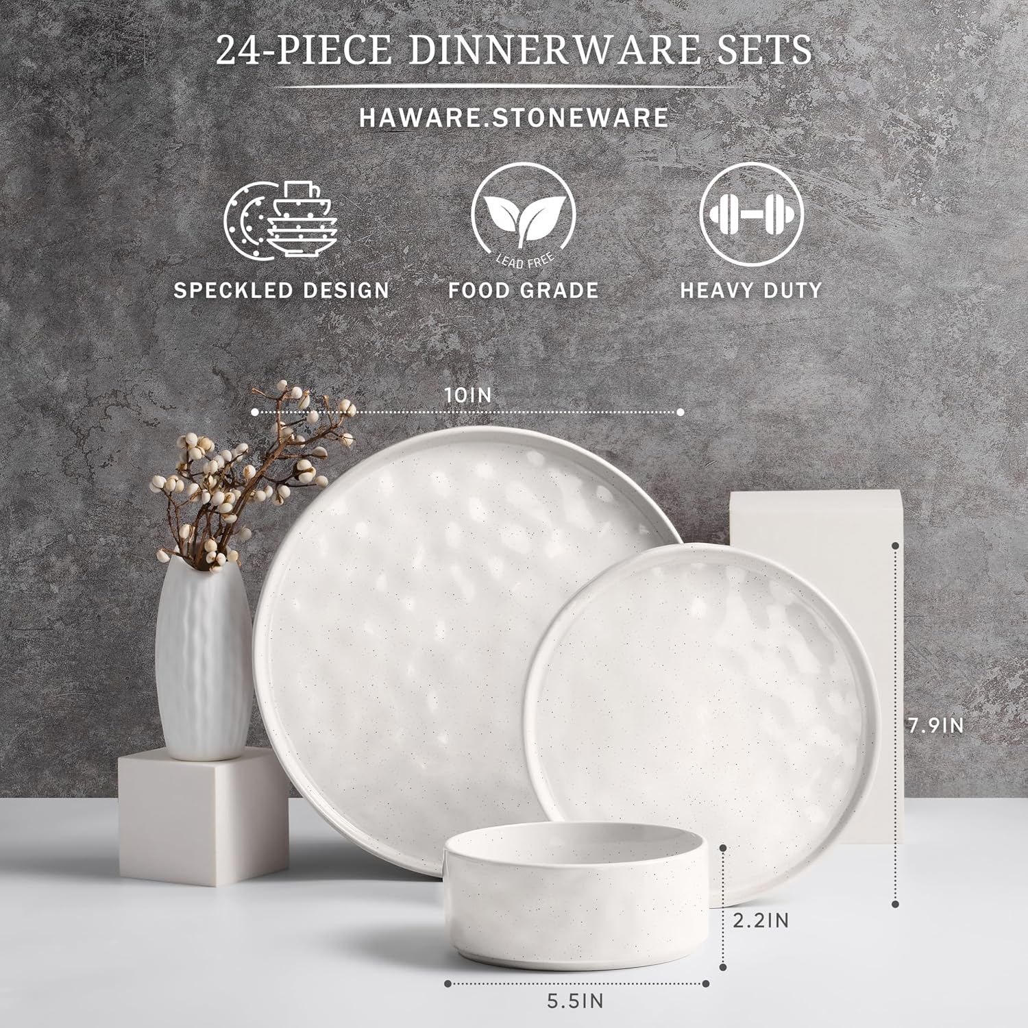 HaWare Dinnerware Sets, 24-Piece Plates and Bowls Set, Stoneware Dish Set for 8, Ceramic Dinnerware for Home Restaurant, Chip and Scratch Resistant, Microwave and Dishwasher Safe, Speckled White