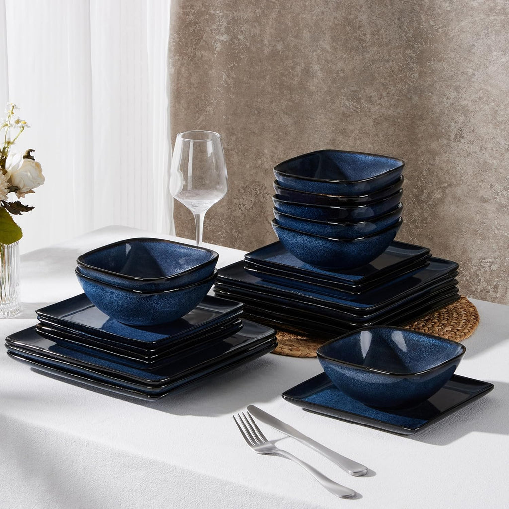 E-far Square Dinnerware Sets for 8, 24-Piece Stoneware Plates and Bowls Dishes Set, Reactive Glaze Porcelain Dishware Sets, Chip & Scratch Resistant, Microwave & Dishwasher Safe, Deep Sea Blue