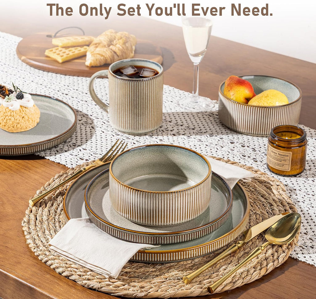 GBHOME 24-Piece Stoneware Dinnerware Set for 8 – Ribbed Ceramic Plates and Bowls, Scratch-Resistant, Microwave & Dishwasher Safe, Reactive Glaze, Reactive Glaze Green Wheat