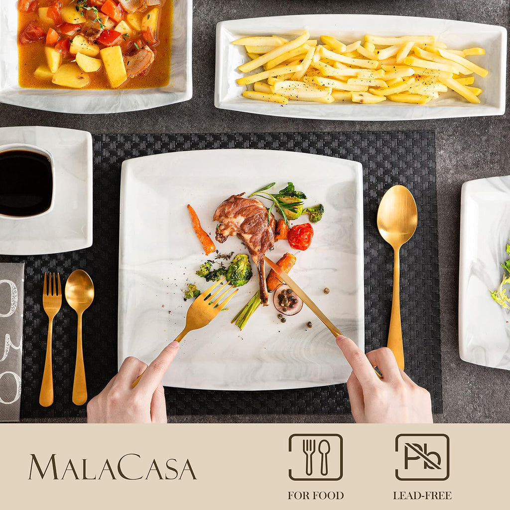 MALACASA Dinnerware Sets, 32 Pieces Porcelain Plates and Bowls Sets for 6, Marble Grey Dishes with Plates and Bowls, Cups and Saucers, Side Dish Plates, Square Dinner Set, Series Blance