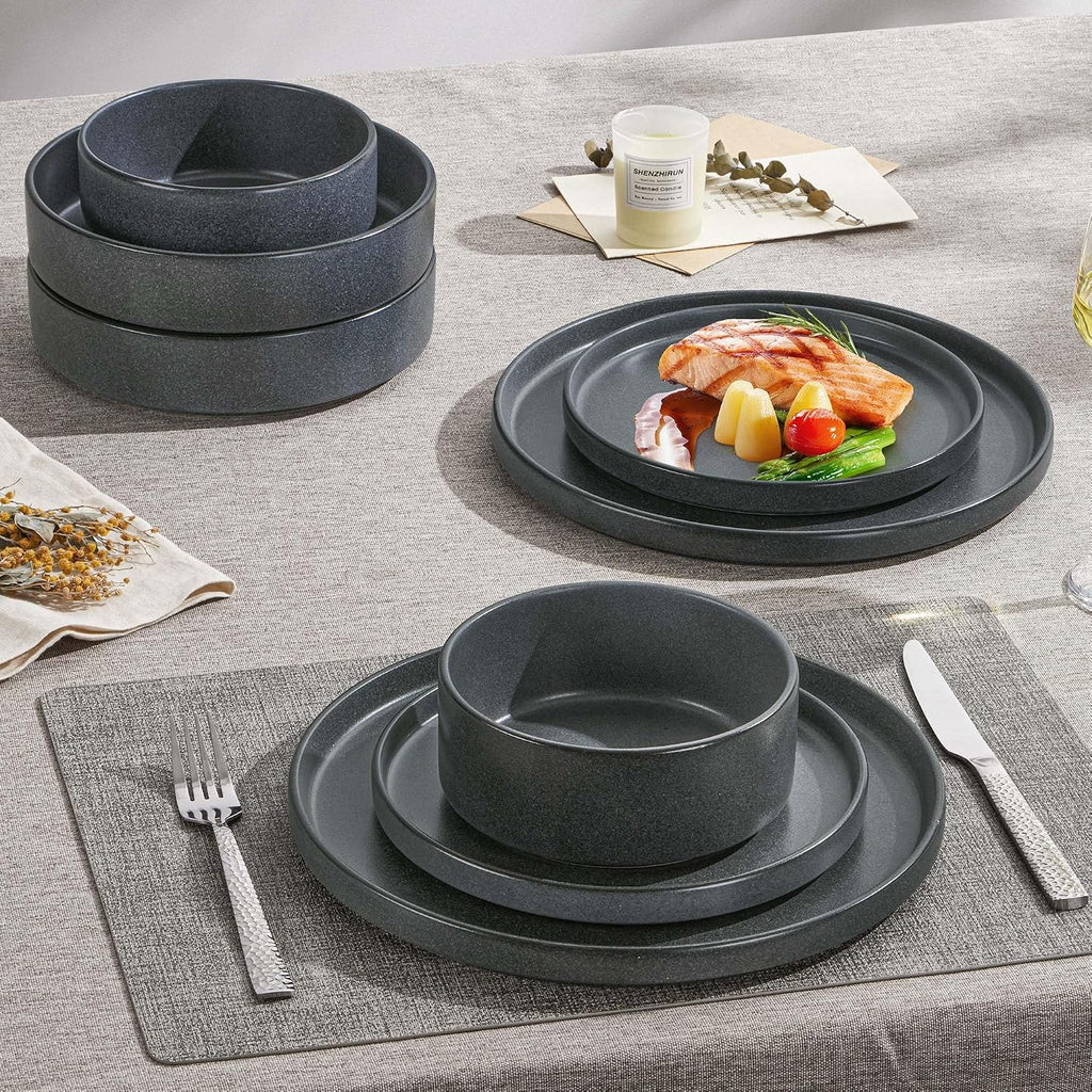 Herogo Dinnerware Dishes Sets with Salad Bowls, 24 Piece Plates and Bowls for 6, Dishwasher & Microwave Safe Ceramic Stoneware for Kitchen, Dark Gray