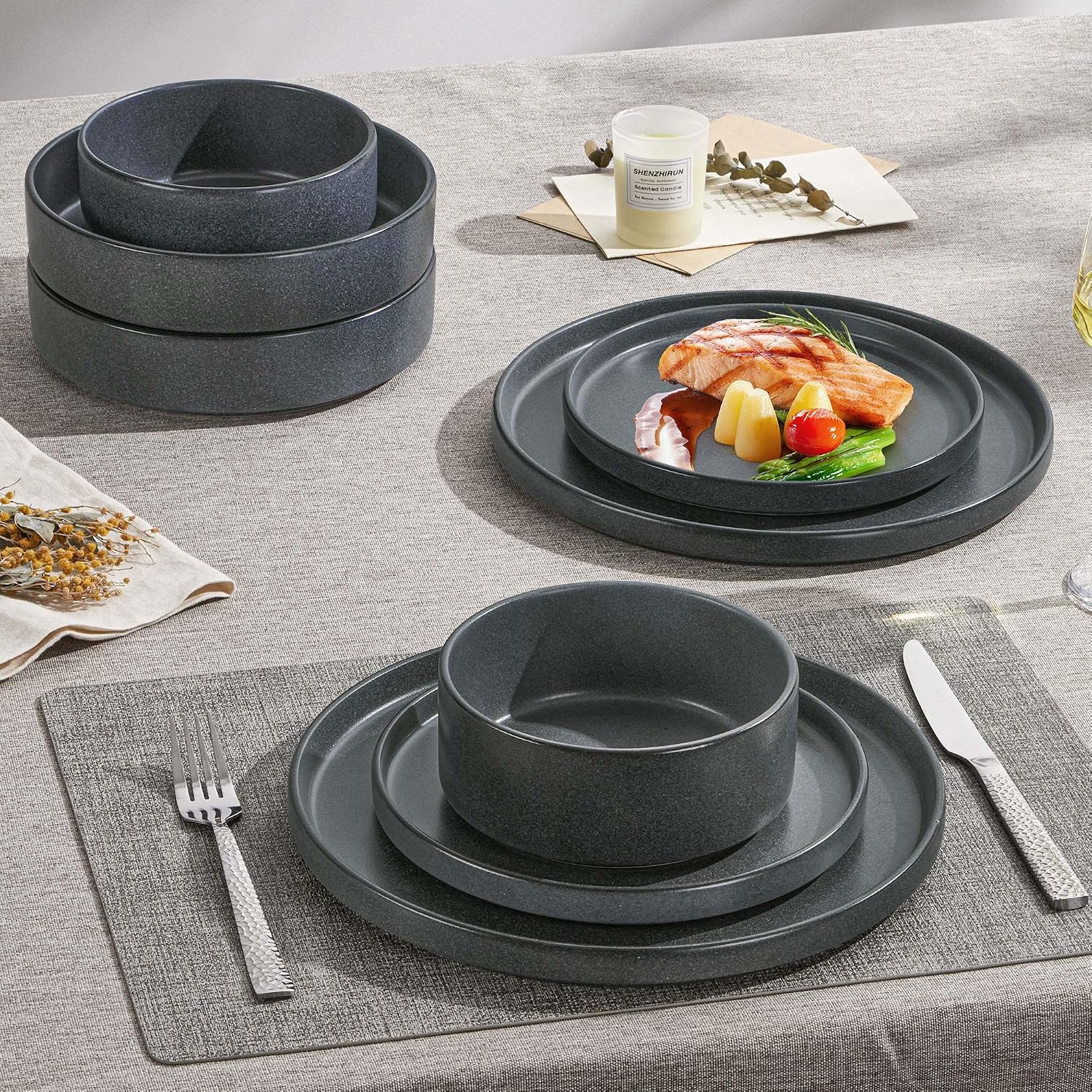 Herogo Dinnerware Dishes Sets with Salad Bowls, 24 Piece Plates and Bowls for 6, Dishwasher & Microwave Safe Ceramic Stoneware for Kitchen, Dark Gray