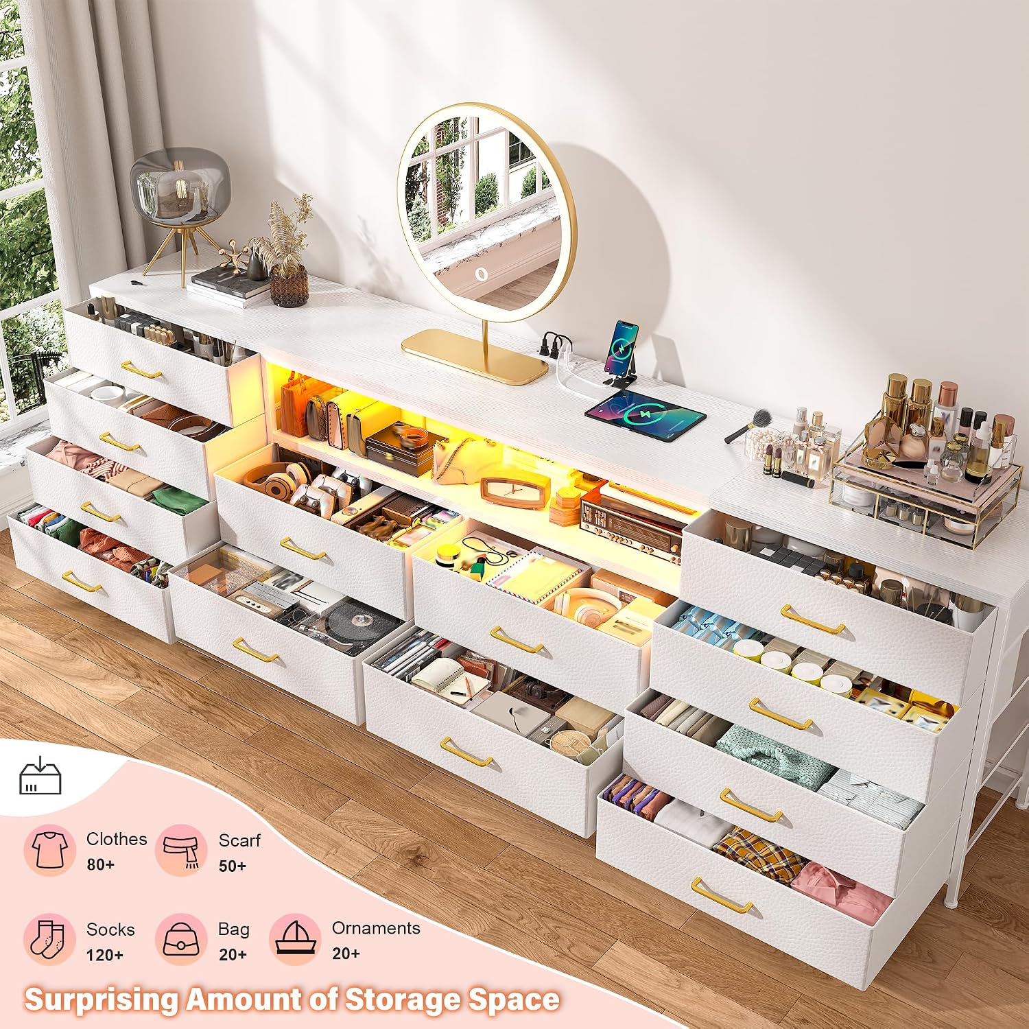 EnHomee 63' W TV Stand Fits 55/65/70' TV, 12 Drawers Dresser with LED Lights & Power Outlets, Entertainment Center Long Fabric Dresser for Bedroom, Living Room, Hallway, White