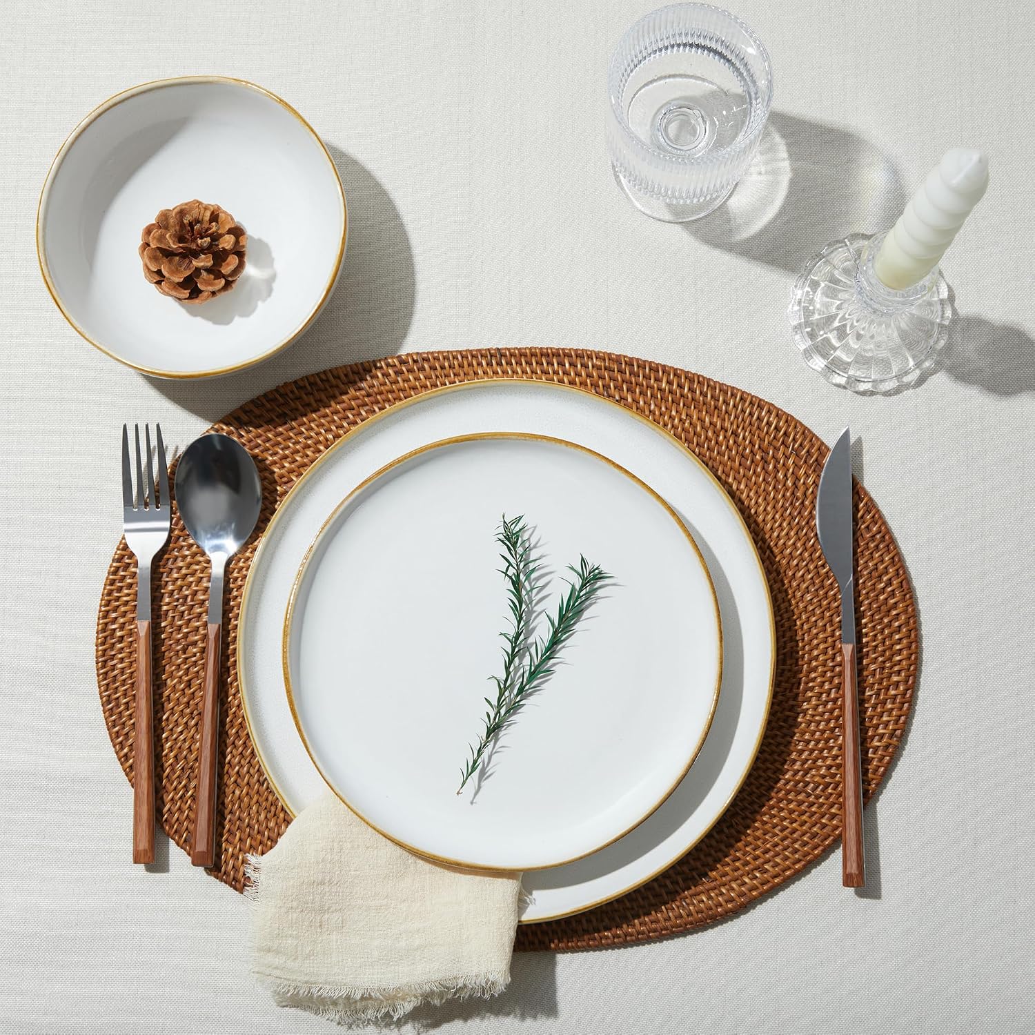 Pokini 24 Piece White Ceramic Plates and Bowls Sets for 8, Reactive Glaze Stoneware with Coastal‑Line Look | Ideal for Holiday Entertaining, Thanksgiving, and Large Family Meals