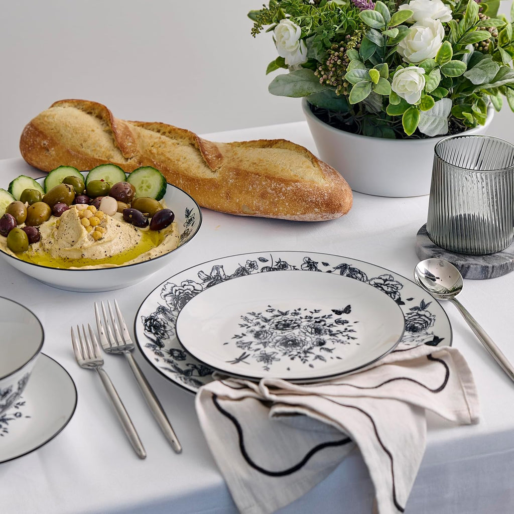 Stone Lain Esme 24-Piece Dinnerware Set Porcelain, Plates and Bowls Set, Dish Set for 8, Microwave and Dishwasher Safe, Black