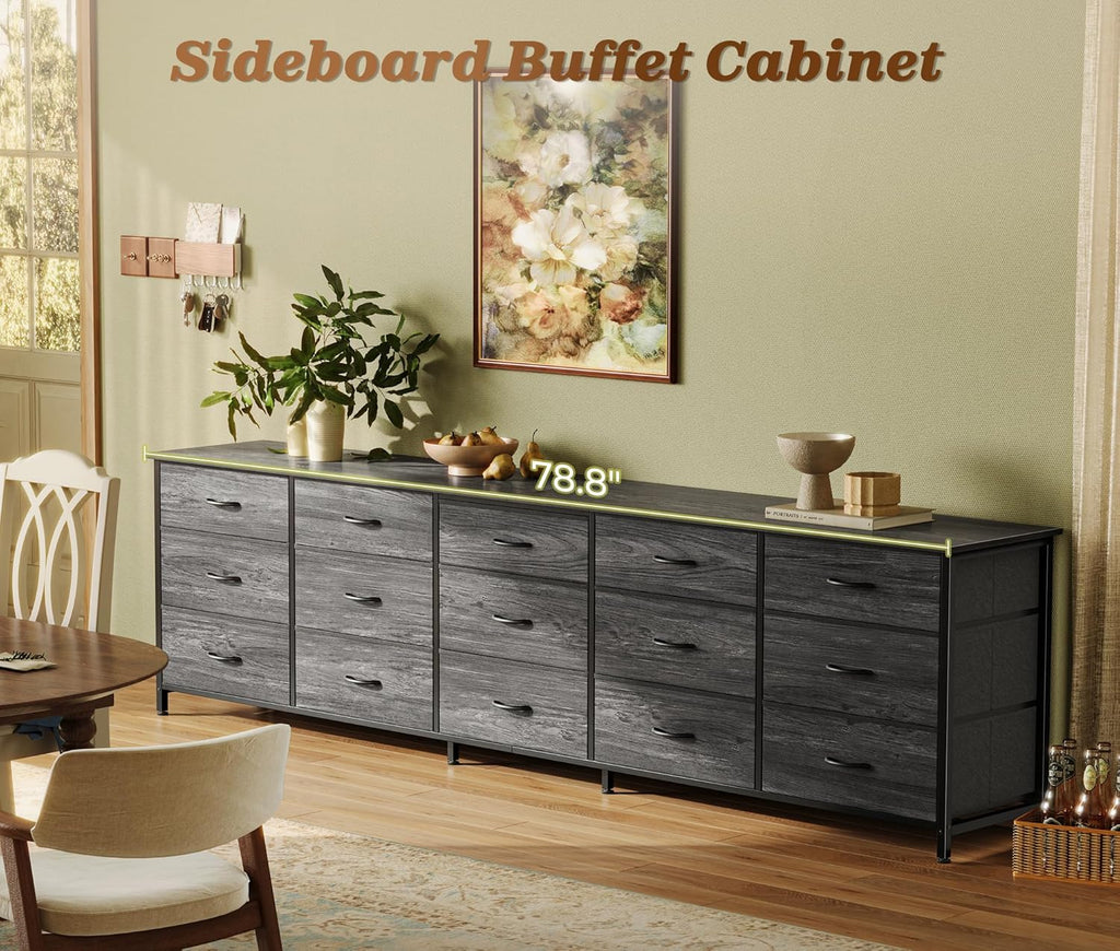 Huuger 78.7 inch Long Dresser for Bedroom, 15 Drawer Fabric Dresser for Closet, Large TV Stand for 65, 75, 85 inch TV, Wide Chest of Drawer with Storage, 78.7' W x 12.9' D x 26.7' H, Grey