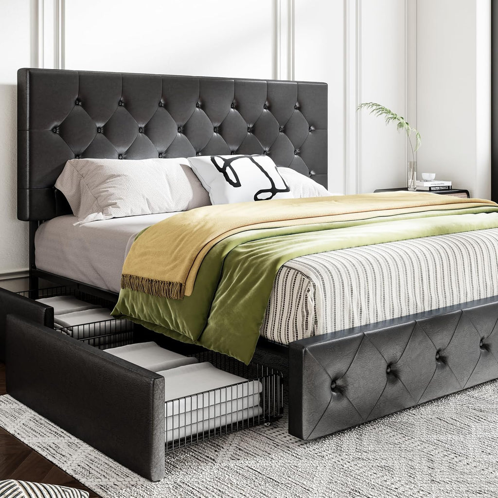 MUTICOR King Size Bed Frame with 4 Storage Drawers, Upholstered Platform Bed with Button Tufted Adjustable Headboard, No Box Spring Needed, Easy Assembly, Diamond Tufted, Black Leather